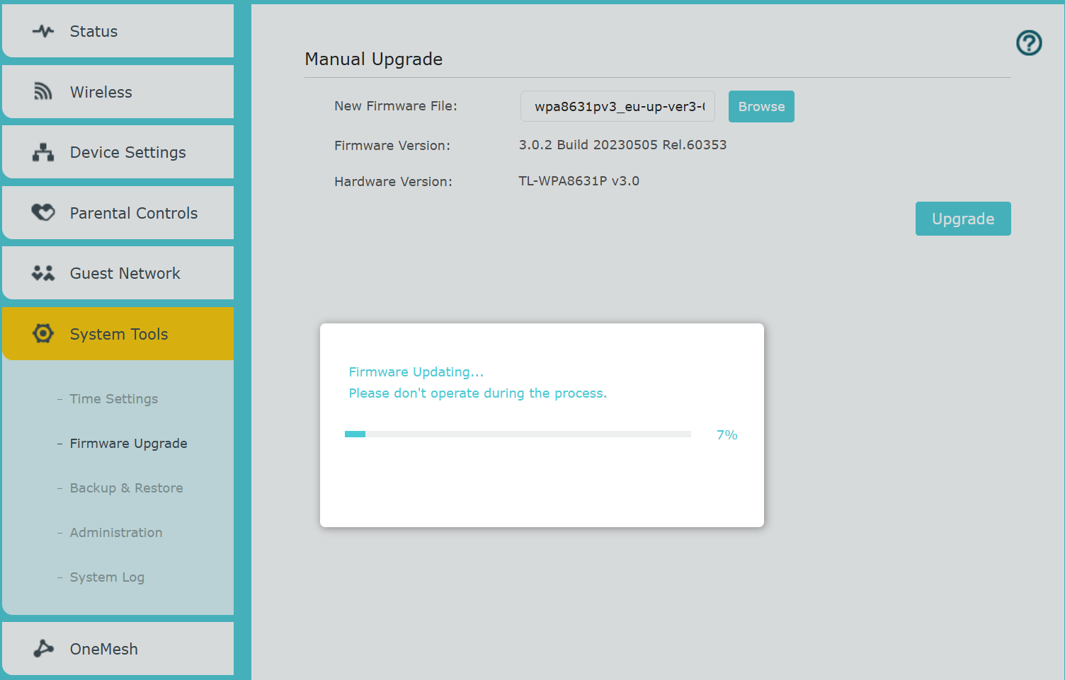 Manual Upgrade page showing firmware update in progress at 7% with a status message.