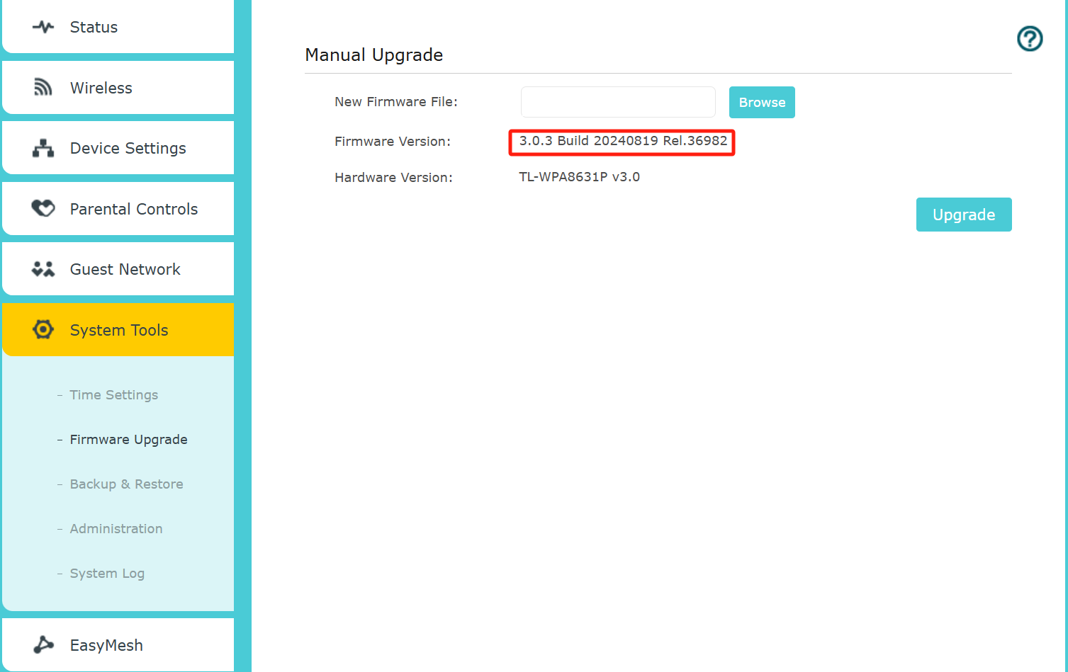 Manual Upgrade page showing updated firmware version 3.0.3 Build 20240819 highlighted.