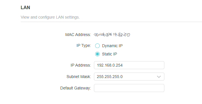 The LAN Setting page shows the MAC Address, IP Type, Ip Address, Subnet Mask and Default Gateway.