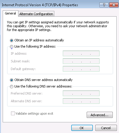 The computer’s Internet Protocol Version 4( TCP/IPV4) Properties page with the Obtain an IP address automatically selected.