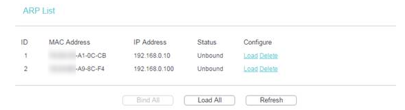 ARP List showing two devices with MAC addresses, IP addresses, and Unbound status.