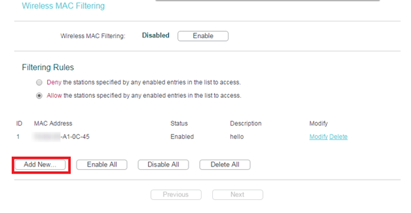 Wireless MAC Filtering page showing a filtering rule and Add New button highlighted.