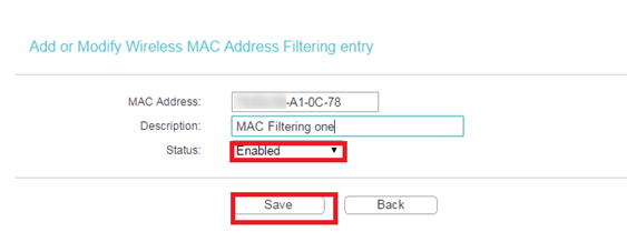 Add or Modify Wireless MAC Address Filtering entry form with Enabled status and Save button highlighted.