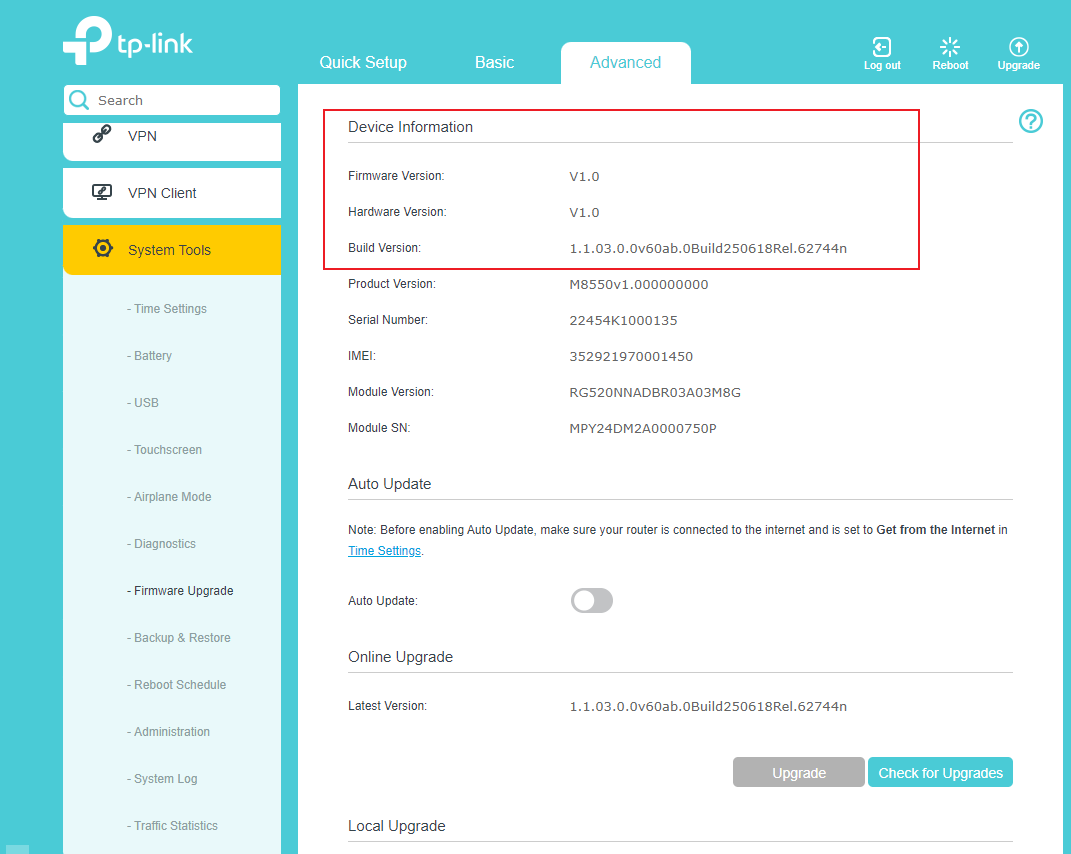 TP-Link M8550 About Device page with Device information highlighted.