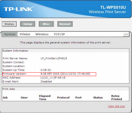 TP-Link TL-WPS510U Wireless Print Server System page with Firmware Version build number highlighted.