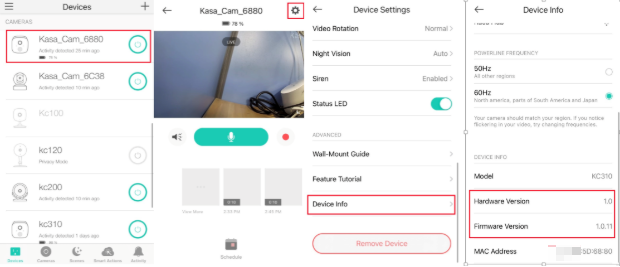 Kasa app showing three screens: device list with Kasa_Cam_6880 selected, Device Settings, and Device Info with firmware version highlighted.