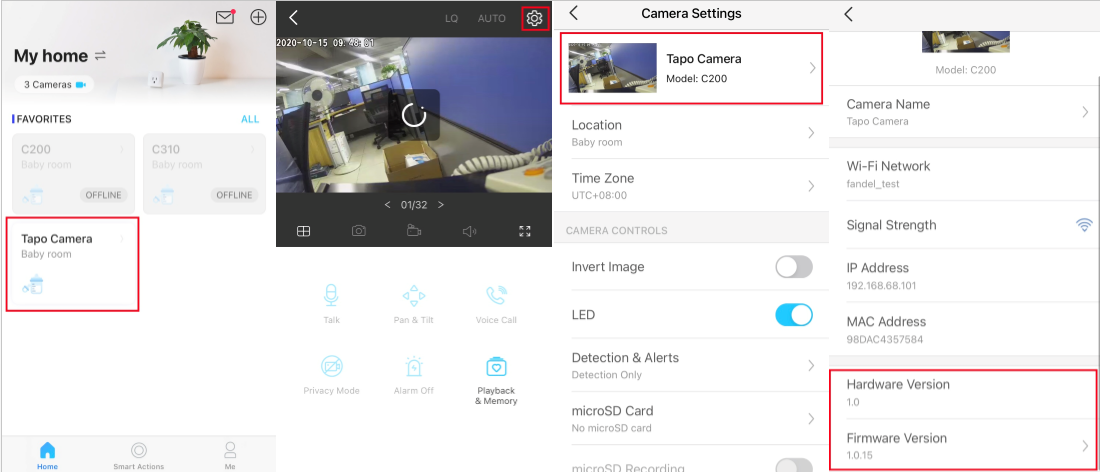 Tapo app showing four screens: device list, camera live view, Camera Settings with C200 highlighted, and Device Info with firmware version.