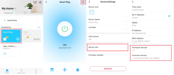 Tapo app showing four screens: device list, Smart Plug controls, Device Settings with Device Info highlighted, and firmware version.