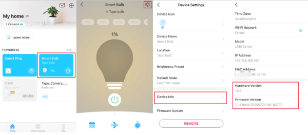 Tapo app showing four screens: device list, Smart Bulb controls, Device Settings with Device Info highlighted, and firmware version.