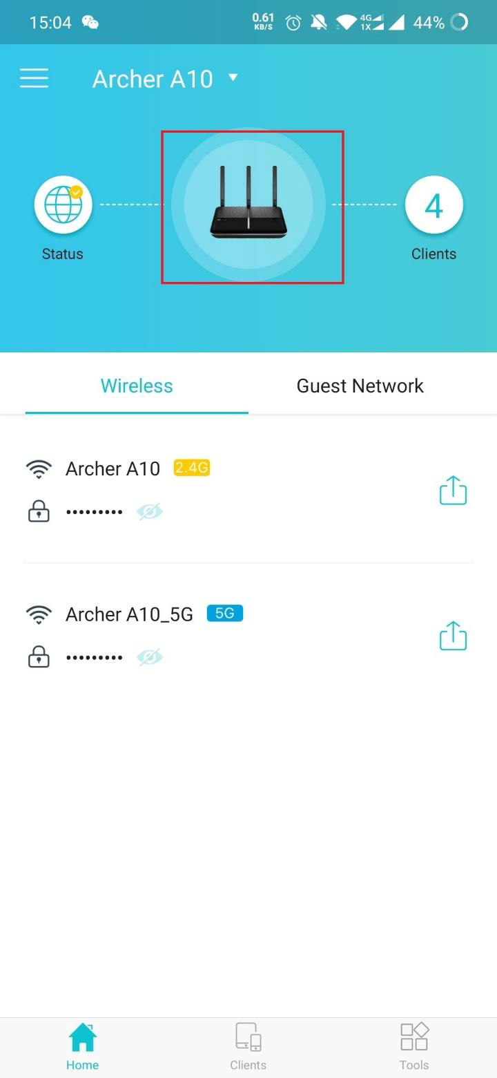 TP-Link Tether app showing Archer A10 router home screen with router image highlighted and 2.4G and 5G wireless networks listed.