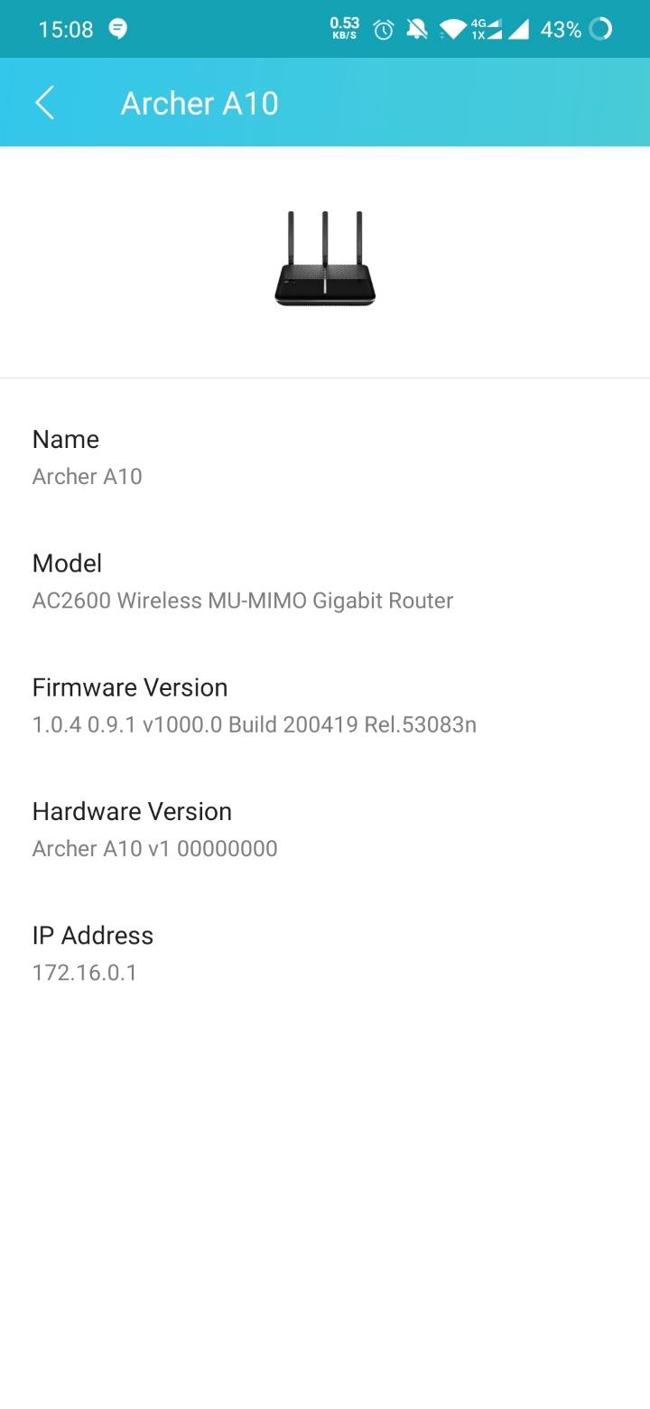 Tether app Archer A10 device details page showing Firmware Version, Hardware Version, and IP Address.
