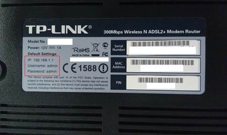 TP-Link router label with default IP 192.168.1.1, username admin, and password admin highlighted.