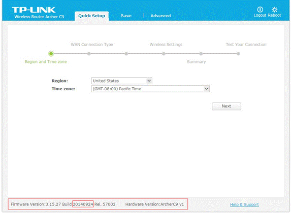 TP-Link Quick Setup page showing Region set to United States and Time Zone set to Pacific Time, with firmware version highlighted.