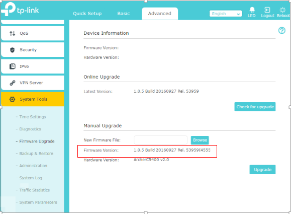 TP-Link router Firmware Upgrade page with Firmware Version build date highlighted.