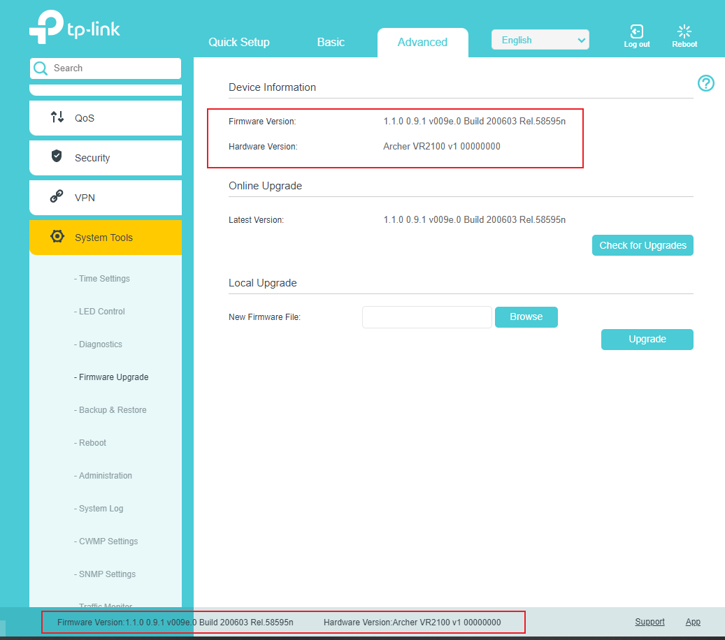 TP-Link DSL modem router Firmware upgrade page with Firmware and hardware Version build number highlighted in the Device Information section.