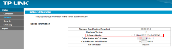 TP-Link DSL modem router Software page with Software Version build number highlighted in the Device Information section.