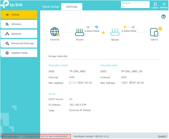 TP-Link RE305 range extender Status page showing extended 2.4GHz and 5GHz info with firmware version highlighted.