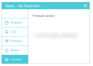 TP-Link powerline device menu showing Version tab selected with firmware version displayed for a device named My Bedroom.