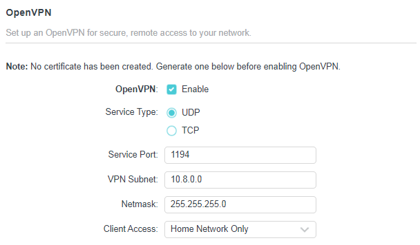 OpenVPN settings with Enable checked, UDP selected, port 1194, subnet 10.8.0.0, and Home Network Only client access.