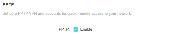 PPTP settings panel with Enable checkbox checked for setting up a PPTP VPN.