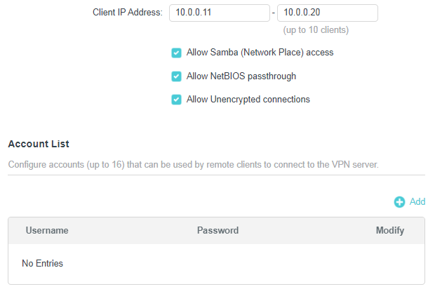 PPTP client IP address range set to 10.0.0.11–10.0.0.20 with Samba, NetBIOS, and unencrypted connections enabled.