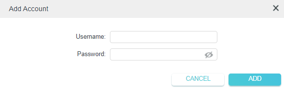 Add Account dialog with Username and Password fields and Cancel and Add buttons.