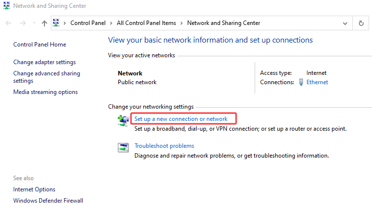 Windows Network and Sharing Center with Set up a new connection or network highlighted.