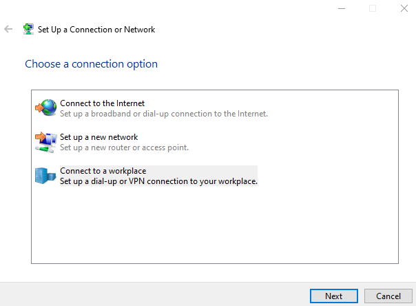 Windows Set Up a Connection or Network dialog with Connect to a workplace option selected.