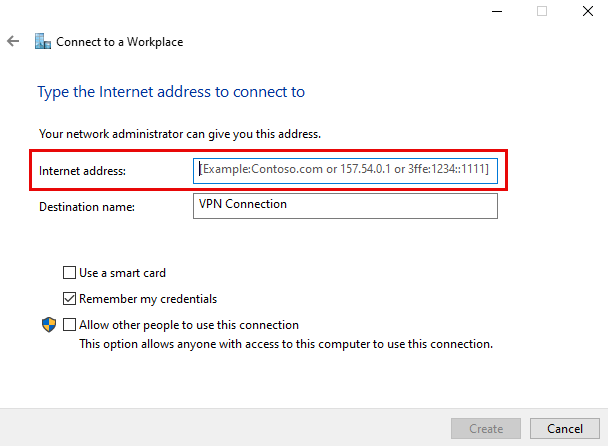 Connect to a Workplace dialog prompting for an Internet address and destination name for the VPN.