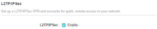 L2TP/IPSec settings panel with Enable checkbox checked for setting up an L2TP/IPSec VPN.