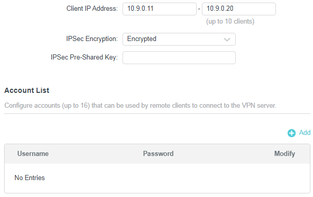 L2TP/IPSec client IP range 10.9.0.11–10.9.0.20 with IPSec Encryption and Pre-Shared Key fields, and empty account list.