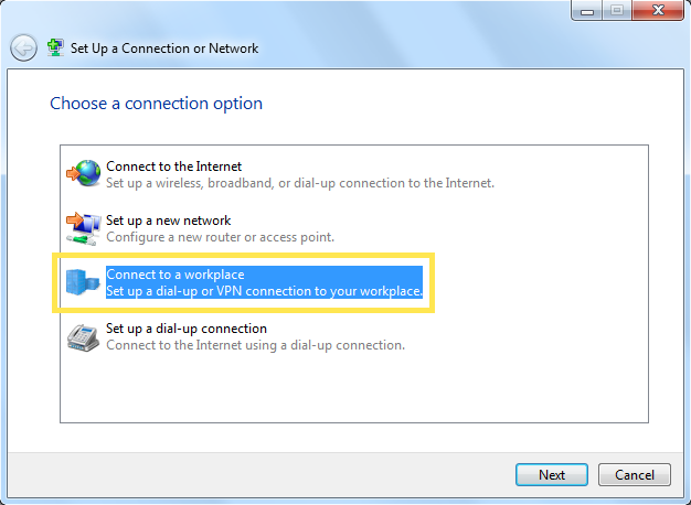 Set Up a Connection or Network dialog with Connect to a workplace option selected and highlighted along side the next button.