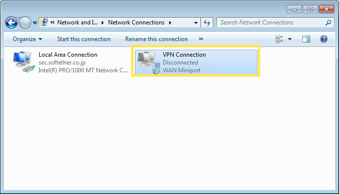 Network Connections window showing VPN Connection highlighted as Disconnected via WAN Miniport.