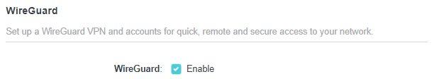 WireGuard settings panel with Enable checkbox checked for setting up a WireGuard VPN.