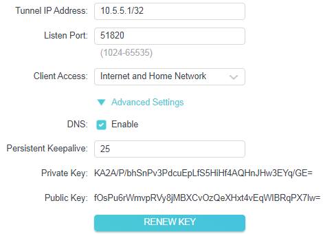 WireGuard tunnel settings showing IP 10.5.5.1/32, port 51820, DNS enabled, keepalive, and public/private keys.