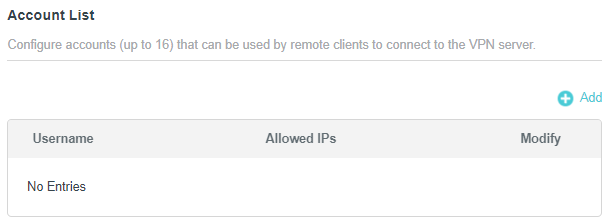 WireGuard Account List table with Username, Allowed IPs, and Modify columns showing no entries.