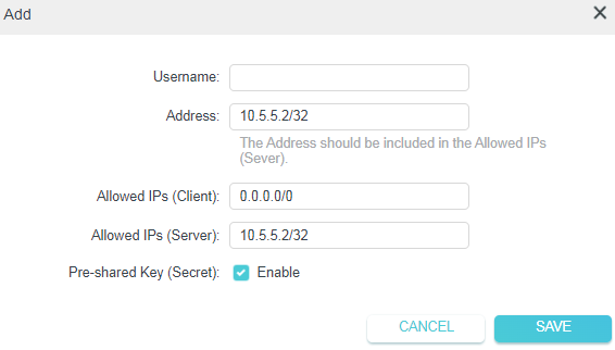 Add account dialog with Username, Address, Allowed IPs, and Pre-shared Key (Secret) enabled, with Save highlighted.