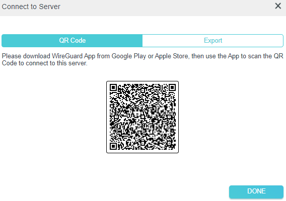Connect to Server dialog showing a WireGuard QR Code tab for scanning with the WireGuard mobile app. Dont button highlighted.