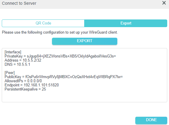 Connect to Server Export tab showing WireGuard configuration text with interface and peer settings, and Done highlighted.
