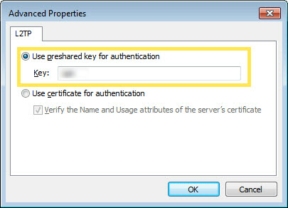 Advanced Properties dialog with Use preshared key for authentication selected and Key field highlighted.
