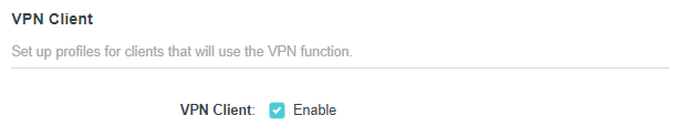 VPN Client settings panel with Enable checkbox checked for setting up VPN client profiles.