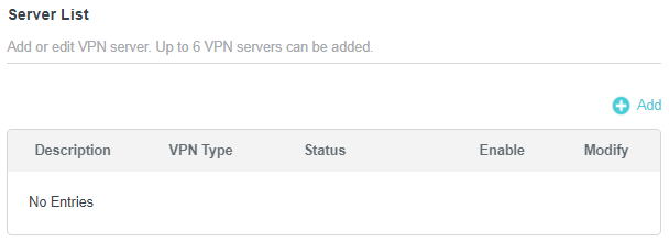 VPN Client Server List table with Description, VPN Type, Status, Enable, and Modify columns showing no entries.