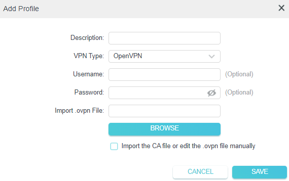 Add Profile dialog with OpenVPN type selected and fields for Username, Password, and Import .ovpn File, with Save highlighted.
