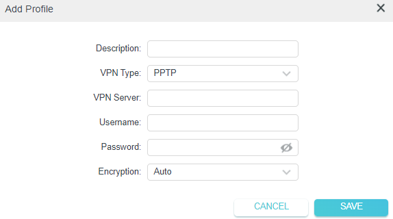 Add Profile dialog with PPTP type selected and fields for VPN Server, Username, Password, and Encryption. Save button highlighted.