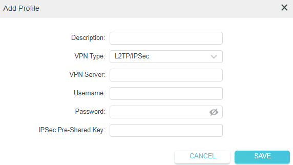 Add Profile dialog with L2TP/IPSec type selected and fields for VPN Server, Username, Password, and IPSec Pre-Shared Key.
