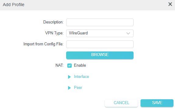 Add Profile dialog with WireGuard type selected, config file import, NAT enabled, and Interface and Peer sections.
