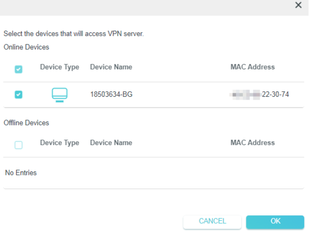 Device selection dialog showing one online device checked with Device Type, Device Name, and MAC Address columns.