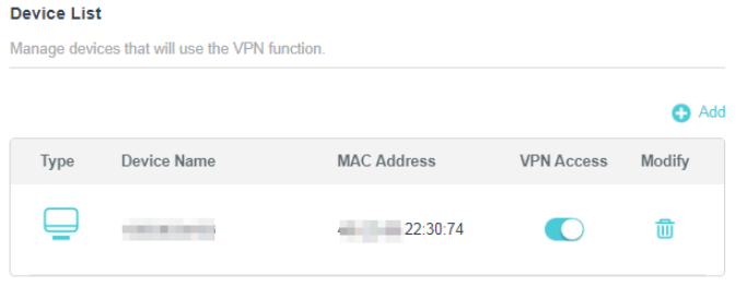 Device List showing an added device with MAC address ending in 22:30:74 and VPN Access toggle enabled.