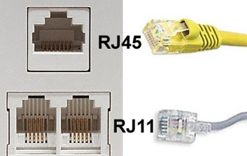 Side-by-side comparison of RJ45 and RJ11 wall ports and cable connectors.