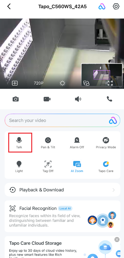 Tap on the Talk button in the camera live view page.